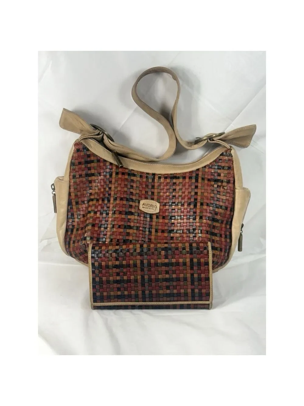 Vintage Avorio Leather Woven Hobo Bag Purse with matching wallet